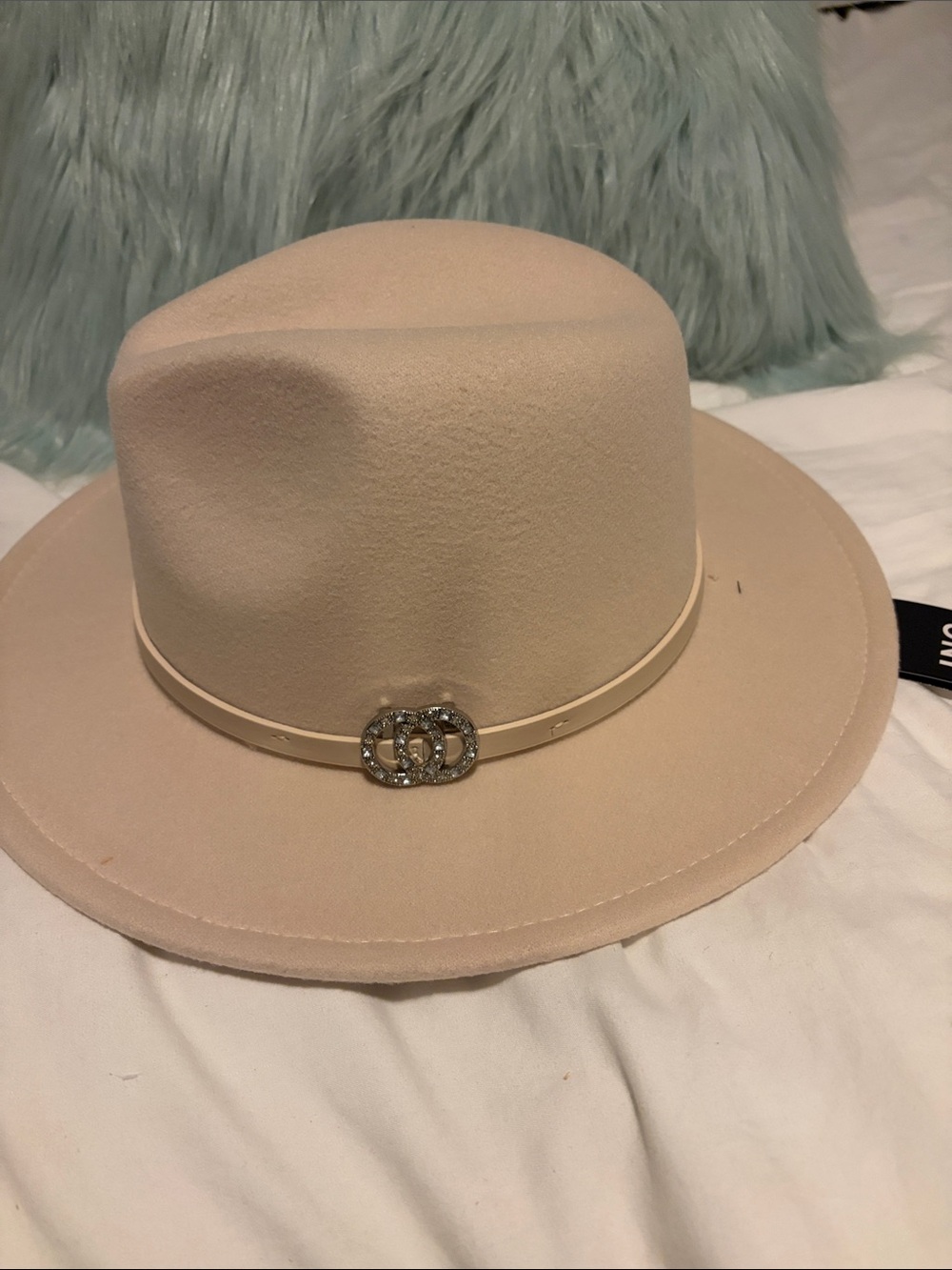 INC International Concepts Cream Wide-Brim Felt Hat with Rhinestone Buckle
